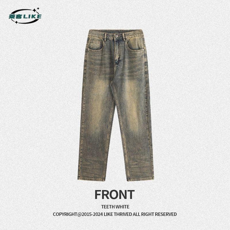 厂家直销男士宽松水洗做旧牛仔裤，复古风格直筒长裤，夏季休闲款，多口袋设计