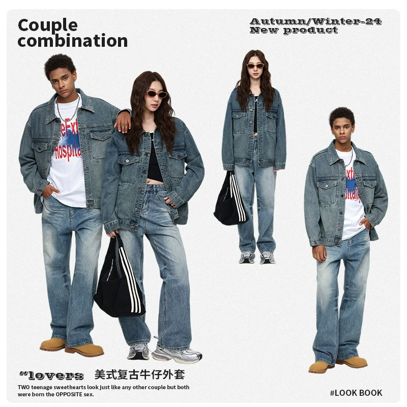 厂家直销男士修身复古牛仔外套，宽松版型，春秋季，日常免烫处理牛仔夹克