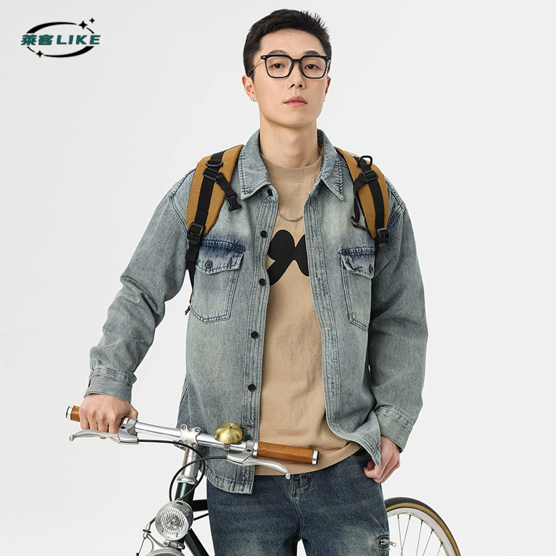 厂家直销男士宽松薄款牛仔外套，复古拼色设计，休闲风格，适合春秋季，耐磨口袋装饰