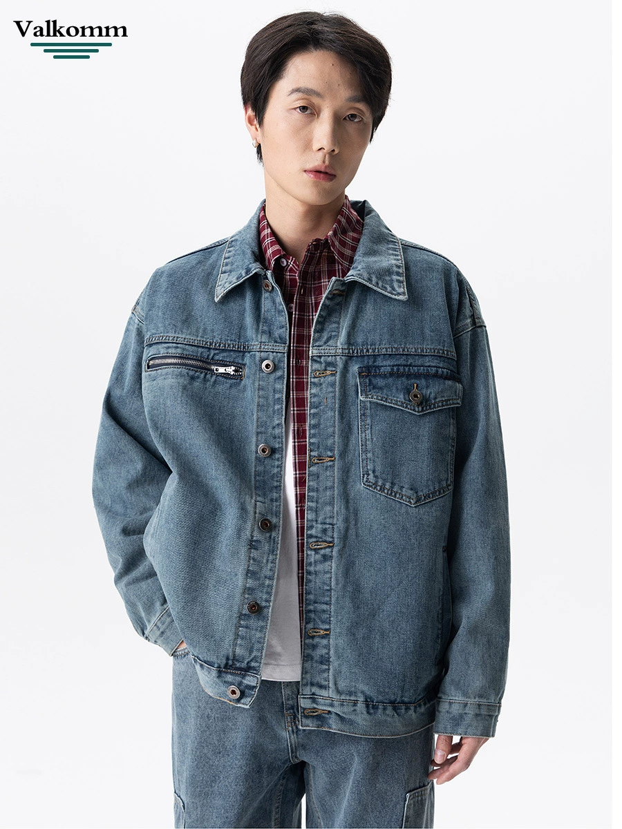 厂家直销男士宽松水洗牛仔外套，复古风格，春秋休闲，多口袋设计