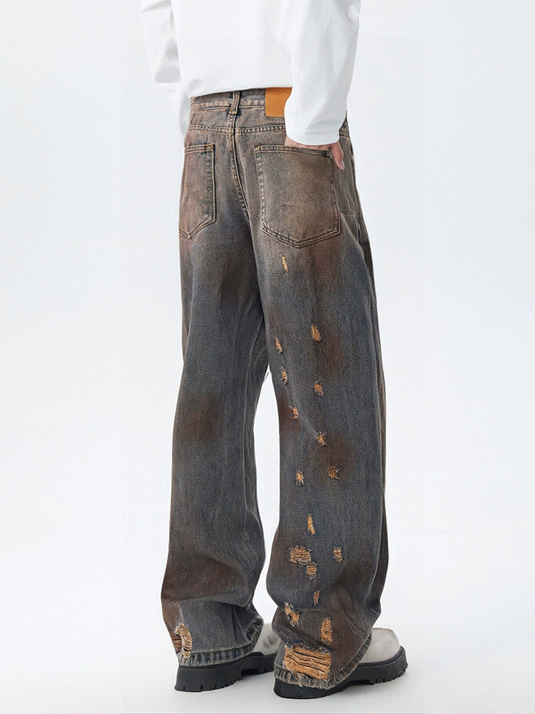 厂家直销青少年牛仔裤，复古渐变水洗直筒，百搭宽松风，春秋季休闲，手工破洞设计