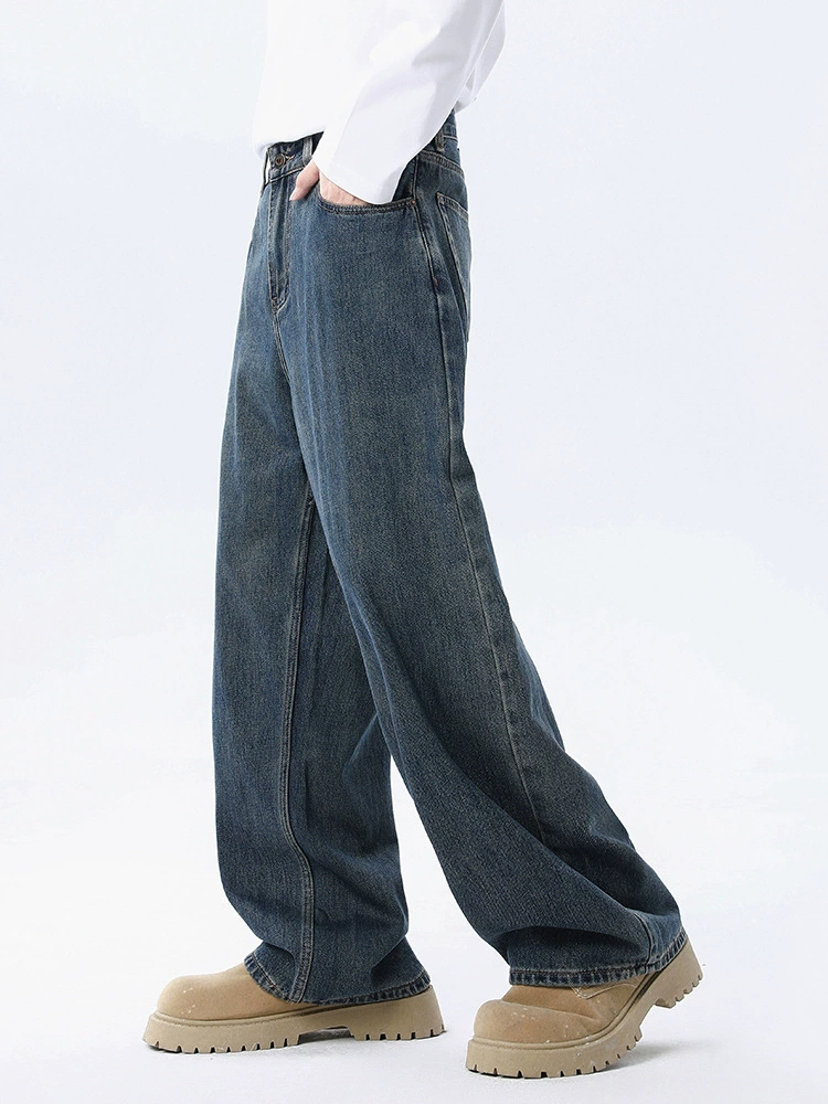 厂家直销男士宽松直筒牛仔裤，复古蓝灰水洗做旧，春秋日常，百搭时尚长裤