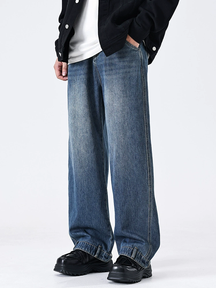 厂家直销男士宽松水洗牛仔裤，复古蓝色直筒设计，秋季高街休闲风格，适合青年穿着