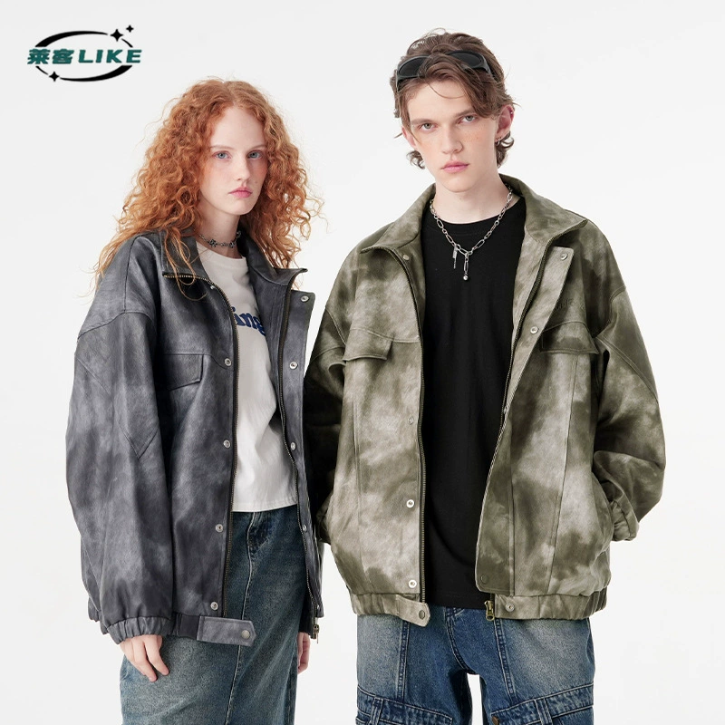 厂家直销青年宽松扎染PU皮夹克，时尚复古外套，休闲风格，适合春秋季，多口袋设计