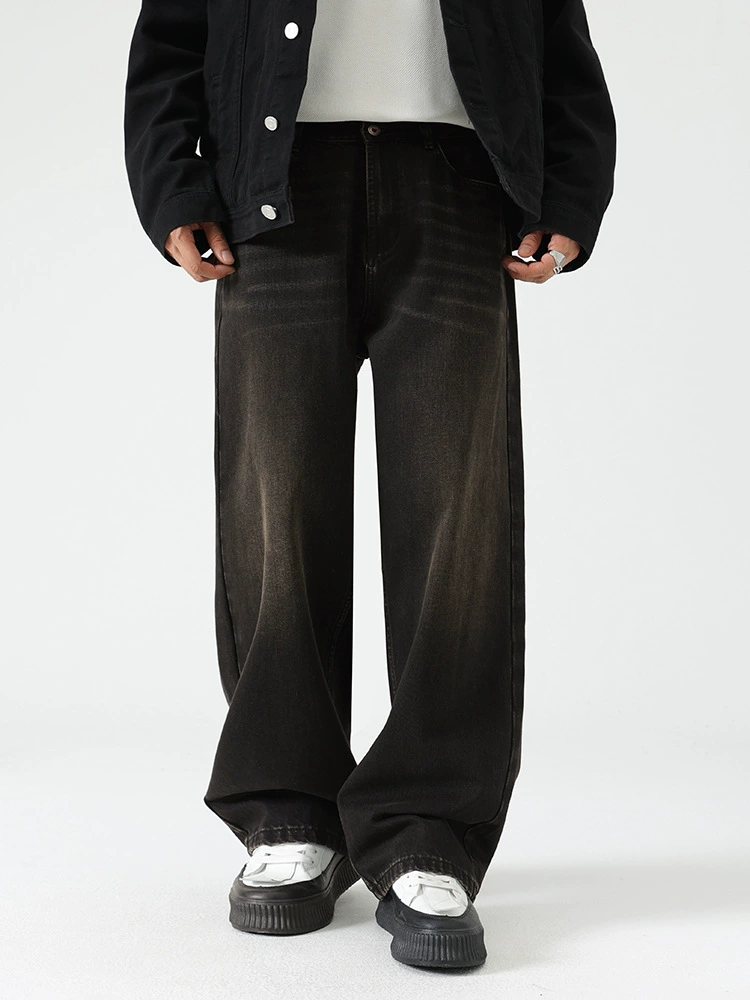 厂家直销男士复古水洗宽松牛仔裤，潮流阔腿，春秋季休闲风格，多口袋设计