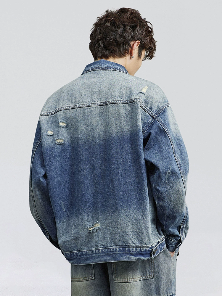 厂家直销男士宽松水洗牛仔外套，复古破洞潮流夹克，春秋休闲，耐磨舒适