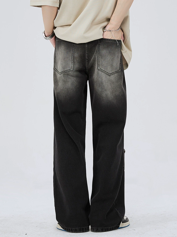 厂家直销男士复古水洗破洞宽松直筒牛仔裤，夏季休闲风格，多口袋设计