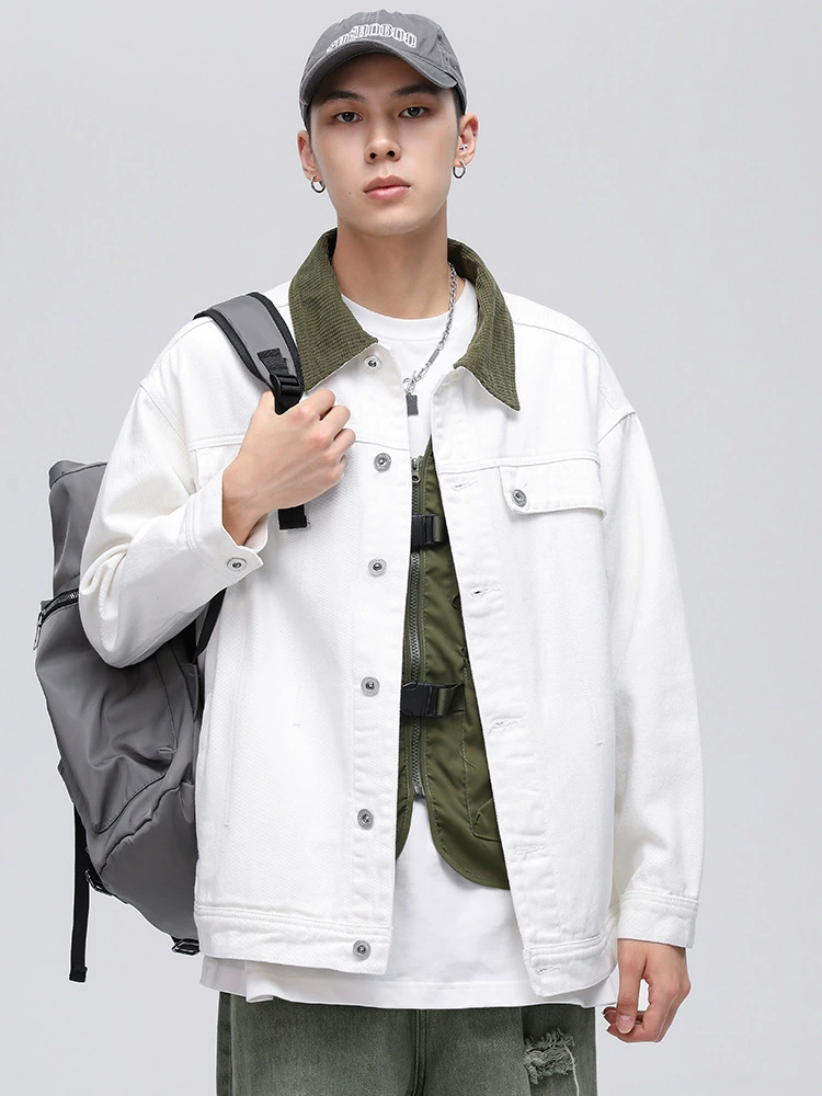 厂家直销男士宽松撞色牛仔外套，春秋休闲风格，透气耐磨设计