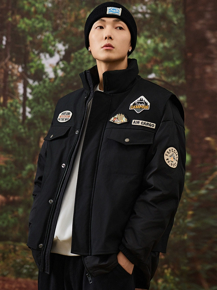 厂家直销青少年宽松加厚羽绒服男士立领外套，冬季休闲日系清新风格，多口袋设计