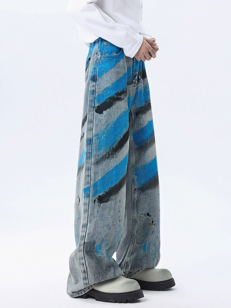 厂家直销青少年牛仔裤，水洗渐变手绘宽松直筒，春秋休闲风格，微弹增强舒适感