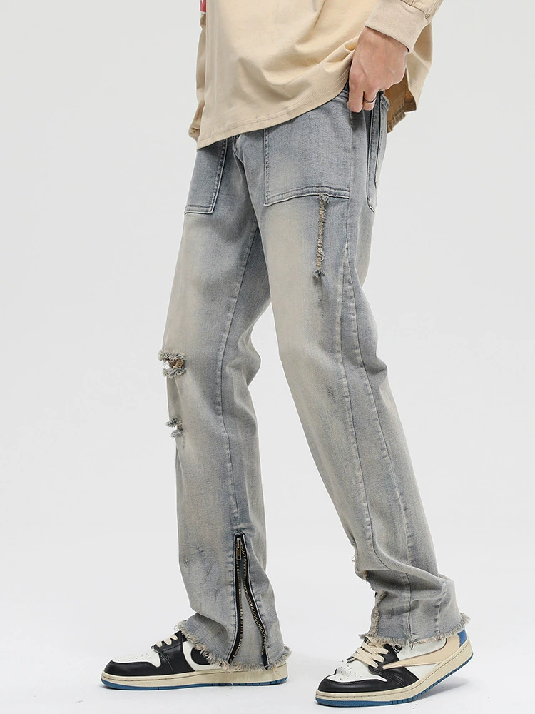厂家直销男士破洞嘻哈风格牛仔裤，春秋休闲，水洗做旧长裤，拉链开襟设计