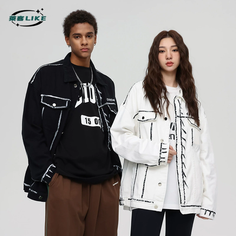 厂家直销男士宽松复古牛仔外套，机车风格，简约设计，春秋季可穿，免烫处理，多口袋装饰