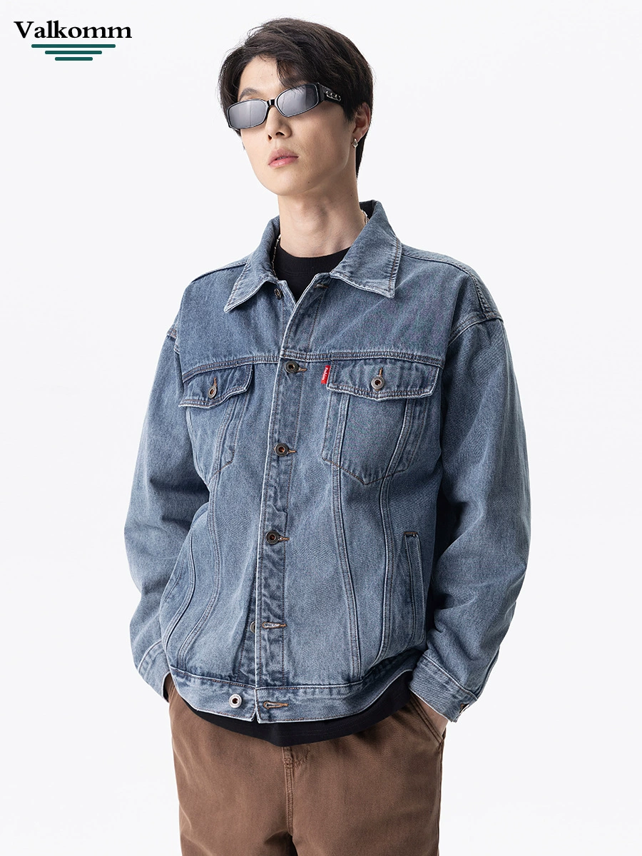 厂家直销男士宽松型牛仔外套，耐磨复古设计，休闲风格，多口袋，春秋季节，免烫处理
