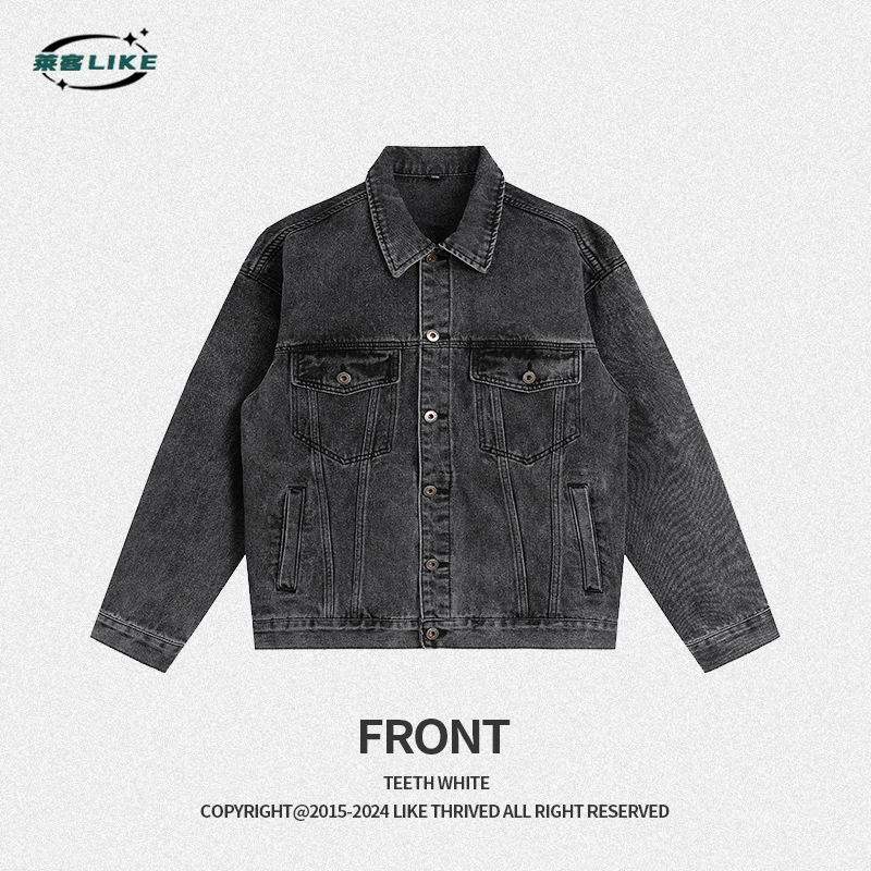 厂家直销男士宽松潮流牛仔外套，春秋休闲风格，免烫处理，多口袋设计