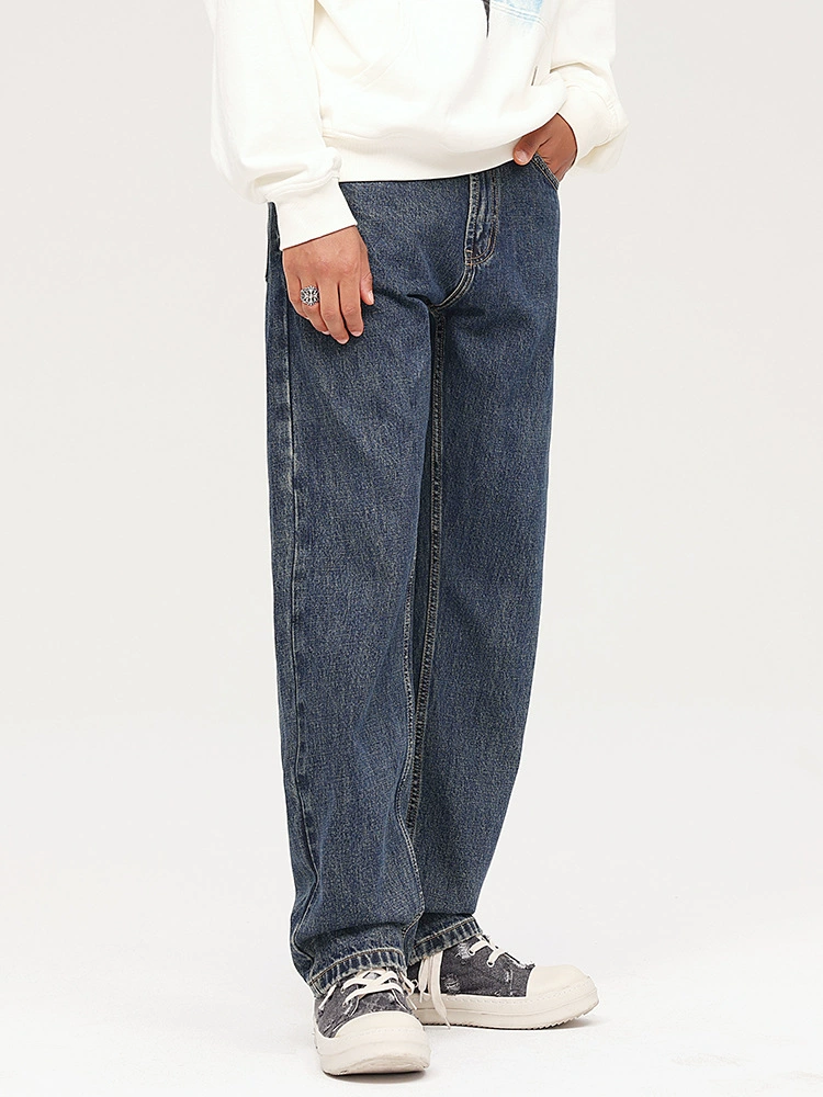 厂家直销青年男士复古水洗宽松直筒牛仔裤，夏季休闲风格，免烫处理多口袋设计