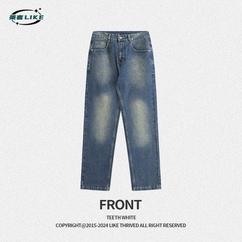 厂家直销男士修身水洗阔腿牛仔裤，秋季休闲高街风格，长裤多口袋设计