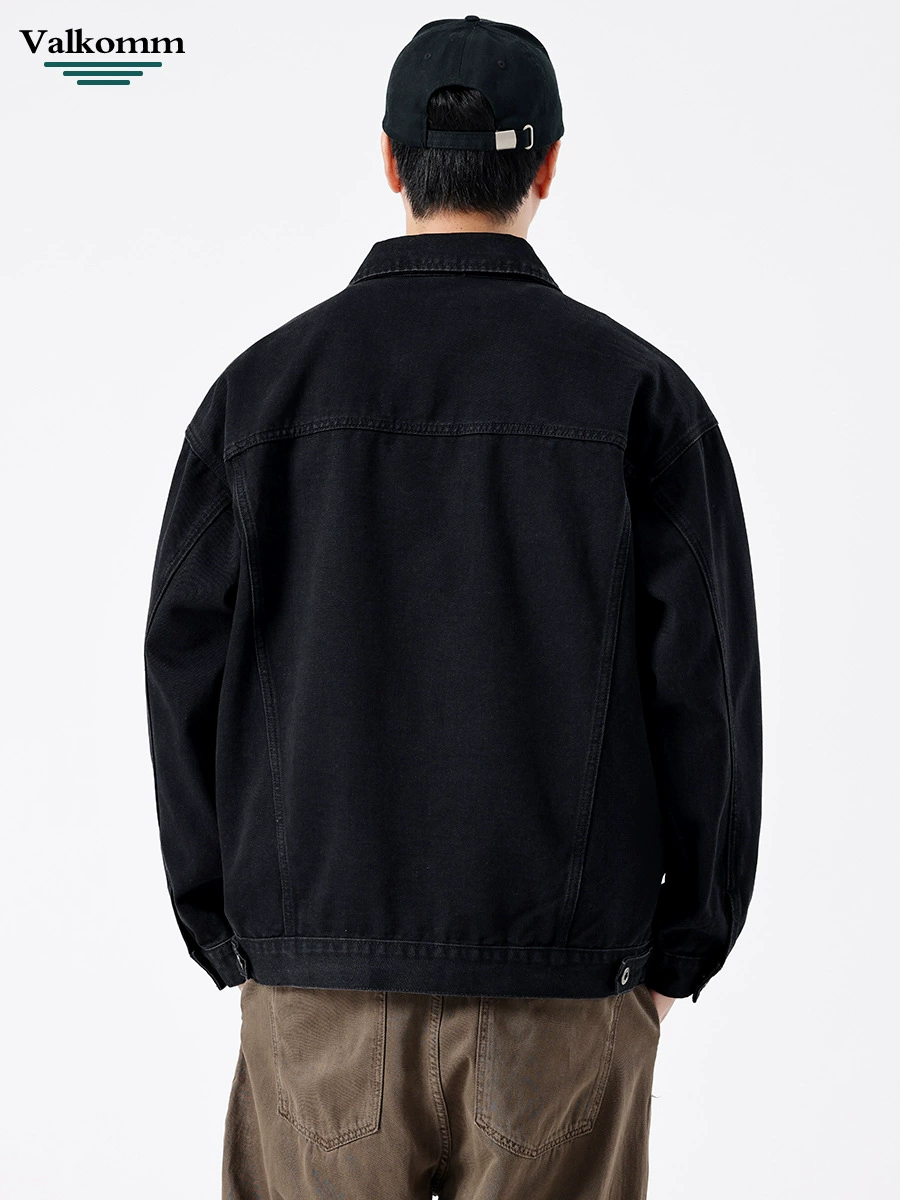 厂家直销男士宽松黑色牛仔外套，耐磨复古风格休闲夹克，多口袋设计，春季适用