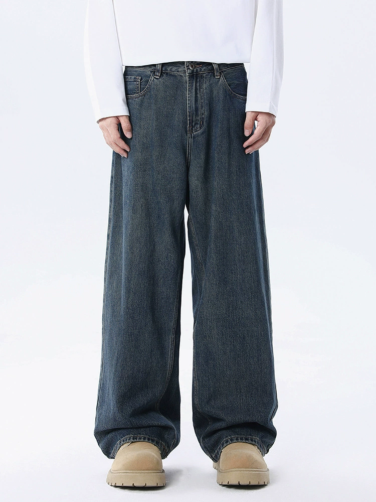 厂家直销男士宽松直筒牛仔裤，复古蓝灰水洗做旧，春秋日常，百搭时尚长裤