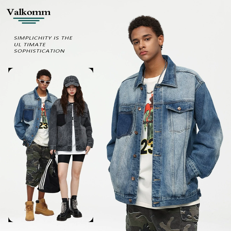 厂家直销男士宽松加绒牛仔外套，四季休闲风，美式复古染色夹克