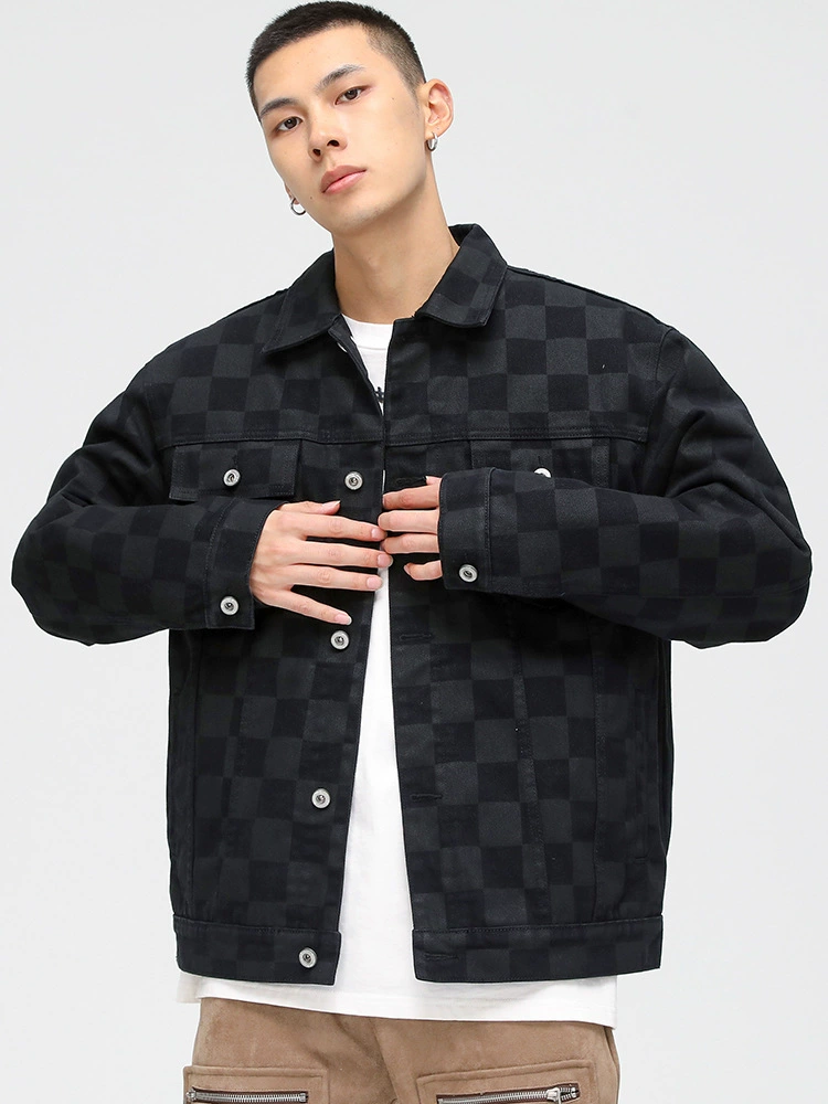 厂家直销男士宽松格子牛仔外套，休闲风格，免烫处理，耐磨防风