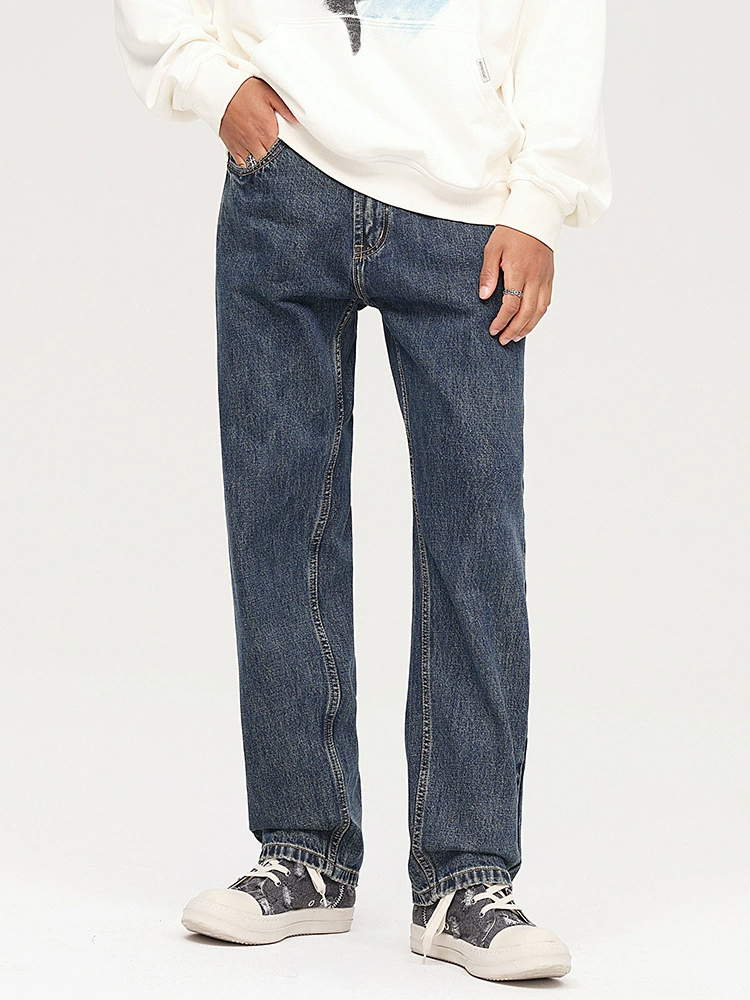 厂家直销男士宽松水洗牛仔裤，显高直筒版型，春秋休闲风格，多口袋设计