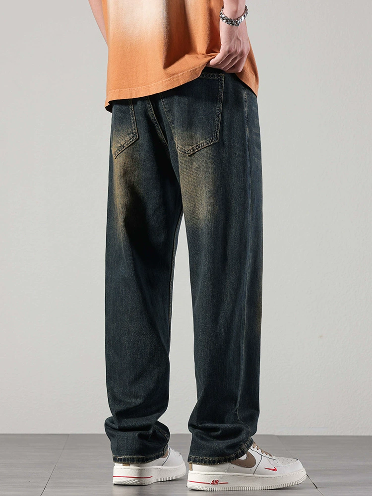 厂家直销男士复古蓝牛仔裤，高街宽松直筒长裤，秋季休闲风格，水洗免烫工艺