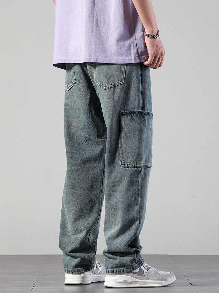 厂家直销男士宽松直筒休闲牛仔裤，夏季高街风格，多口袋水洗设计