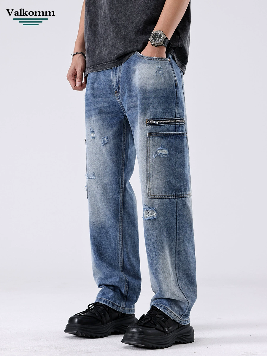 Мужские джинсы прямого кроя с потертостями и множеством карманов, ледяно-голубой деним, летние, повседневные, бренд Лайк.