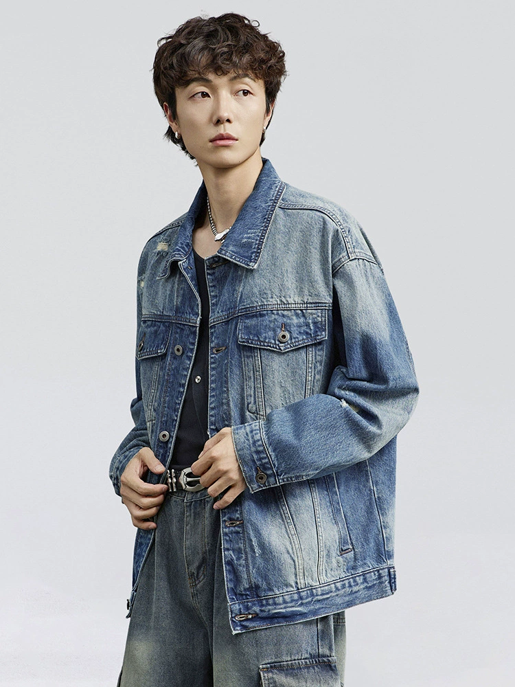 厂家直销男士宽松水洗牛仔外套，复古破洞潮流夹克，春秋休闲，耐磨舒适