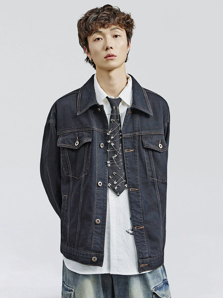 厂家直销青年透气宽松水洗黑色牛仔外套，秋季日常潮牌，免烫处理牛仔夹克