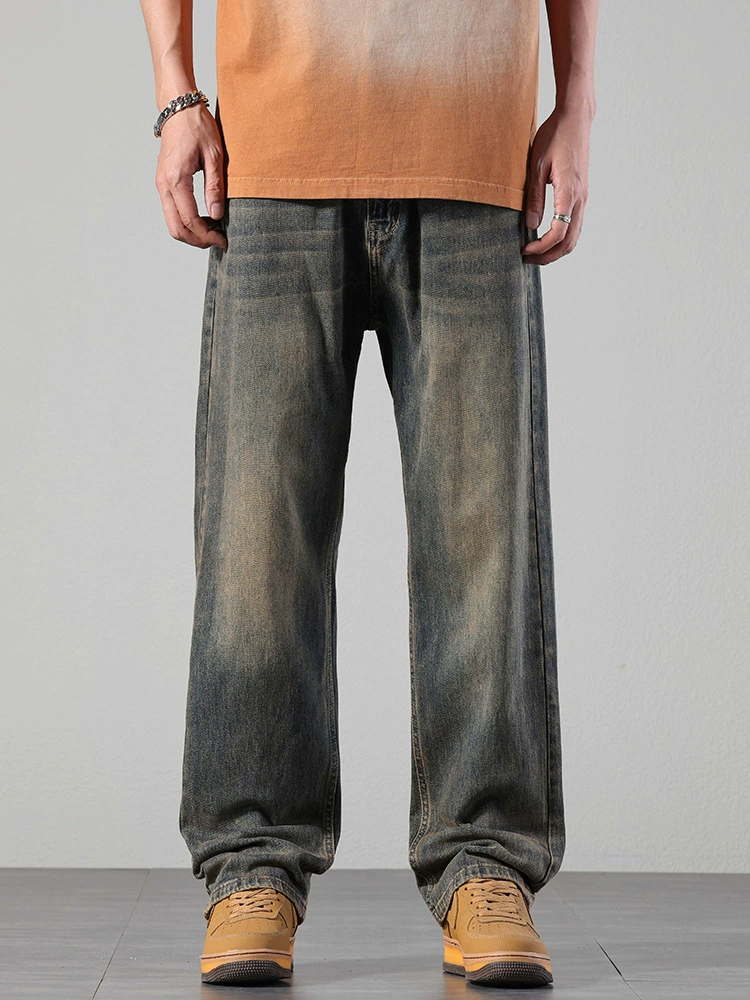厂家直销男士宽松水洗做旧牛仔裤，复古风格直筒长裤，夏季休闲款，多口袋设计