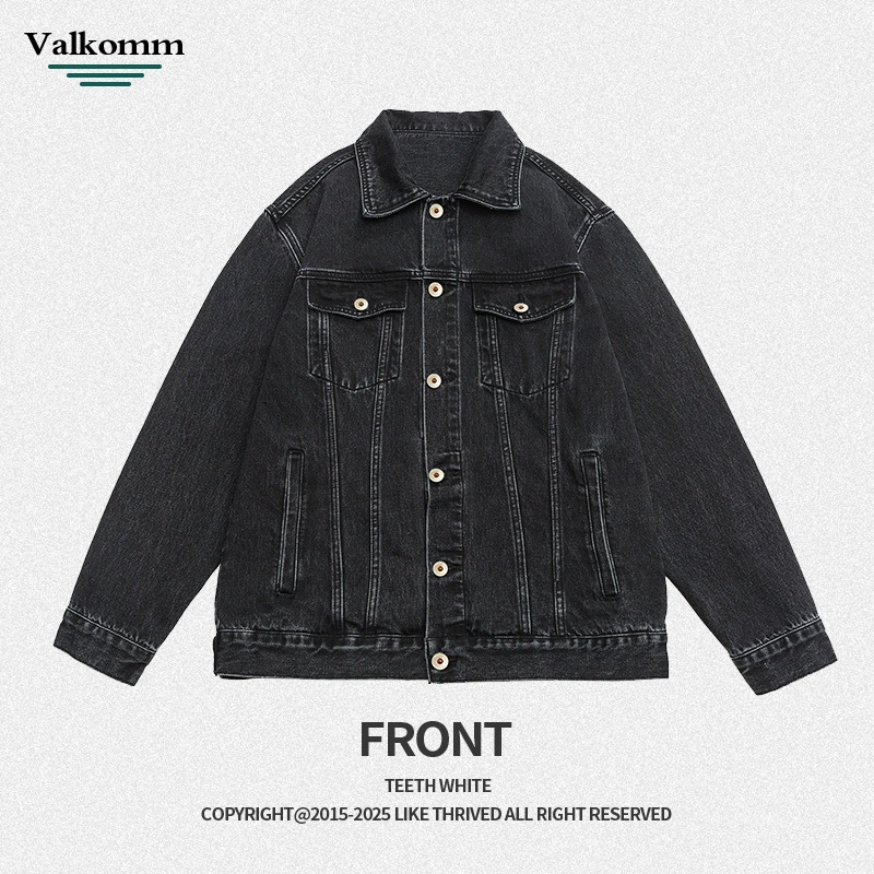厂家直销男士宽松黑色牛仔外套，耐磨防撕裂，春秋日常，多口袋设计，日系复古风格