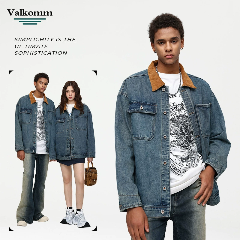 厂家直销男士宽松复古蓝牛仔外套，时尚简约设计，春秋休闲，免烫处理多口袋夹克