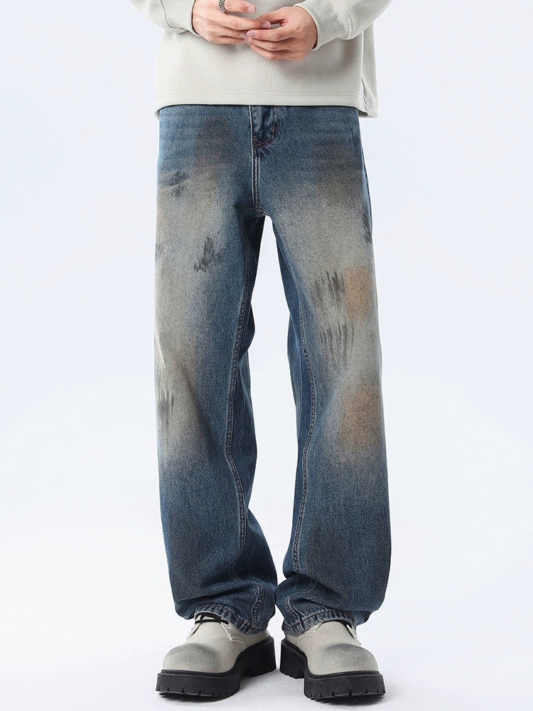 Джинсы baggy с ручной стиркой и граффити, светло-синие, из хлопка, для повседневного ношения в осенний период, модель от бренда Laike.