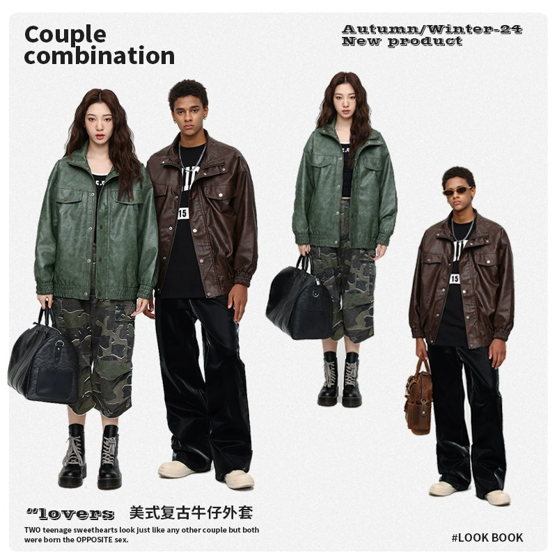 厂家直销青年男士宽松复古机车外套，春秋休闲款，多口袋防风防水设计牛仔外套