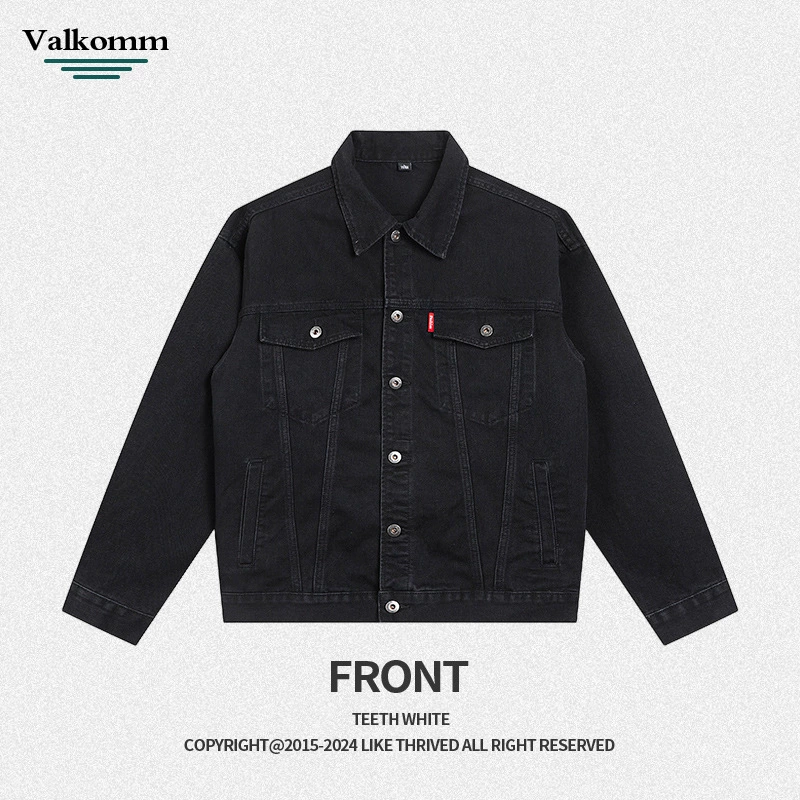 厂家直销男士宽松黑色牛仔外套，耐磨复古风格休闲夹克，多口袋设计，春季适用