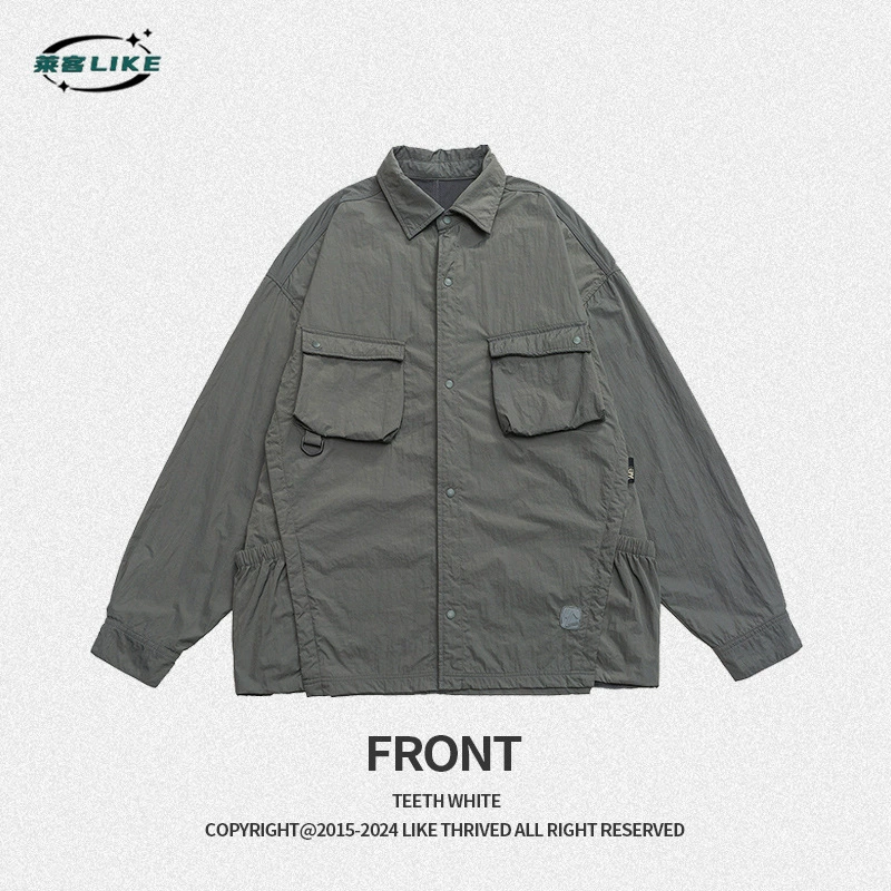 厂家直销男士宽松简约多口袋牛仔外套，休闲风格，免烫处理