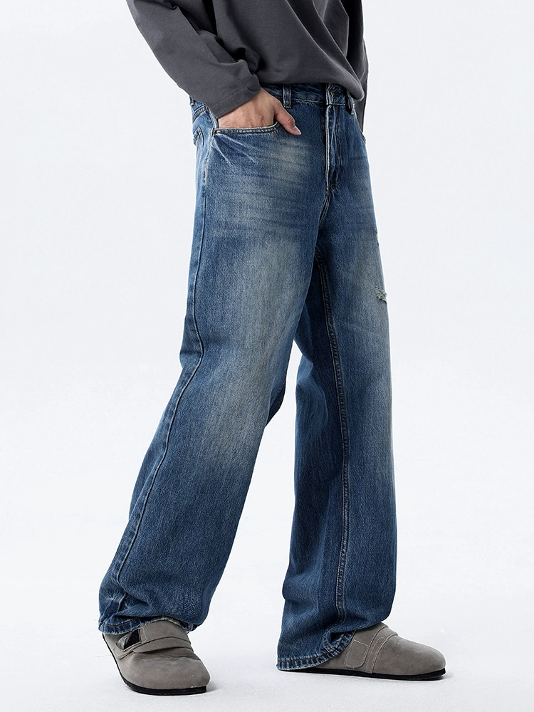 厂家直销男士修身复古蓝色牛仔裤，高街潮流直筒长裤，春秋休闲，水洗磨破设计