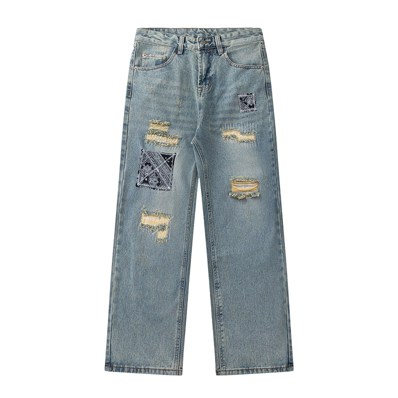 厂家直销男女同款修身贴布秋季牛仔裤，宽松休闲风格，手工磨破直筒长裤
