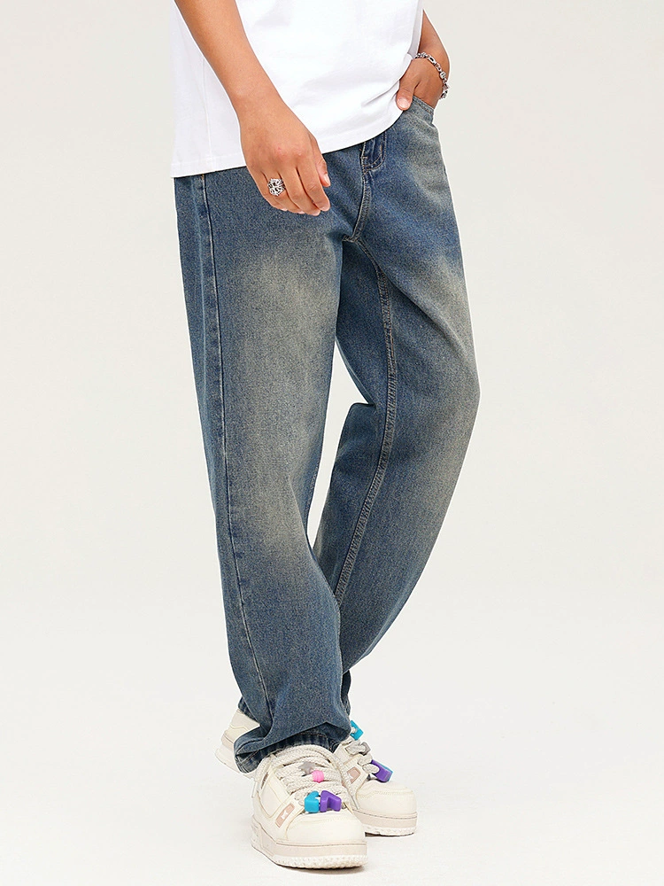 厂家直销男士修身水洗阔腿牛仔裤，秋季休闲高街风格，长裤多口袋设计