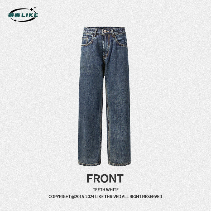 厂家直销青年男士复古水洗宽松直筒牛仔裤，夏季休闲风格，免烫处理多口袋设计