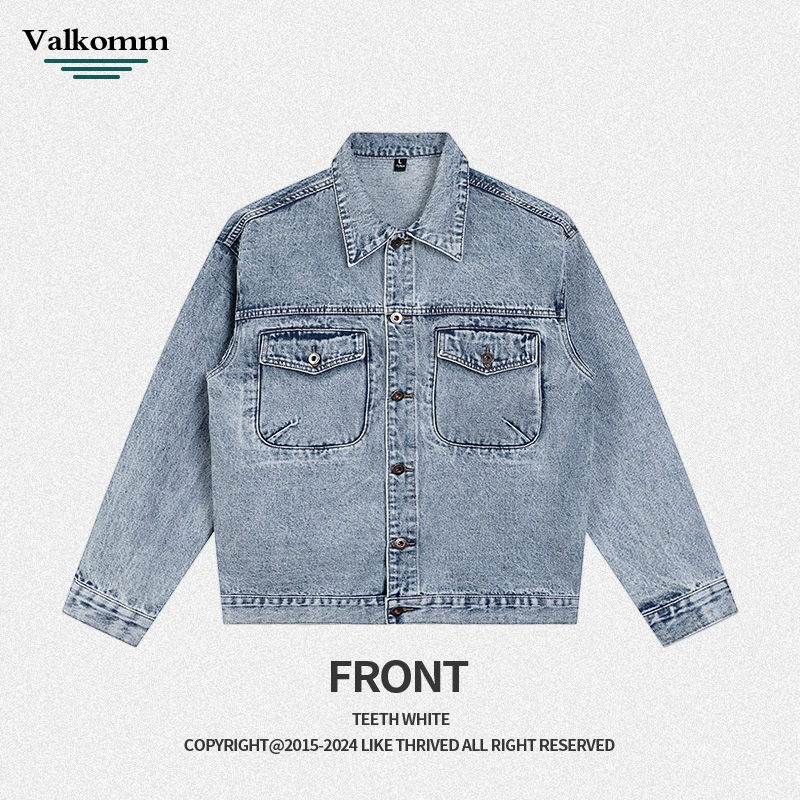 厂家直销男士宽松牛仔外套，美式复古水洗设计，休闲风格，多口袋耐磨夹克，春秋季节优选