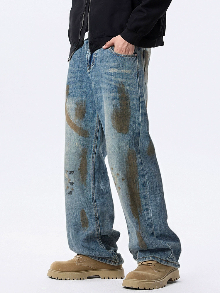 厂家直销男士宽松手绘渐变牛仔裤，春秋休闲风格，直筒型多口袋设计