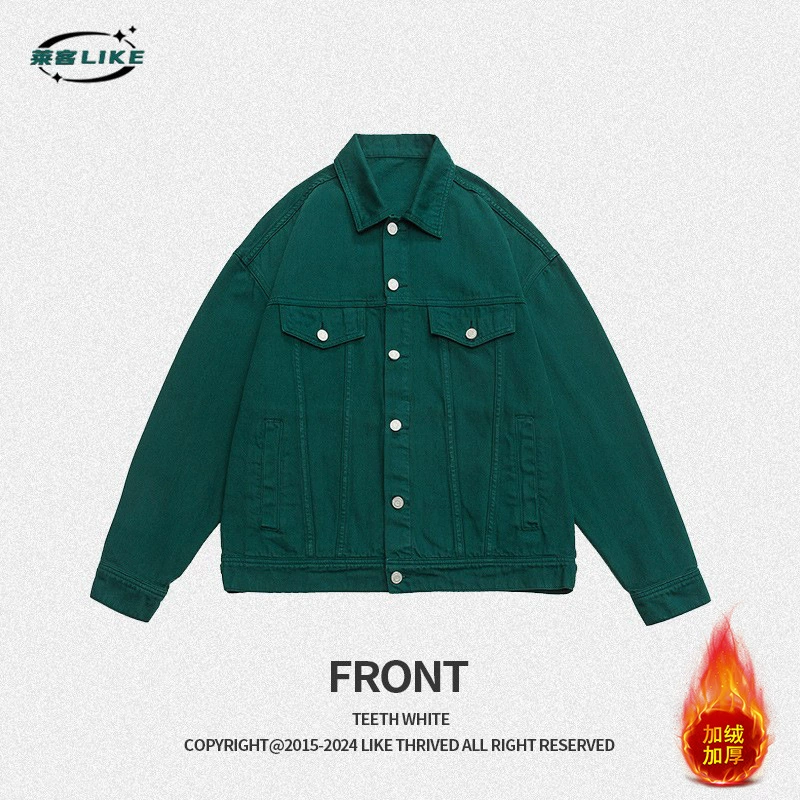 厂家直销男士宽松加绒牛仔外套，四季休闲风，美式复古染色夹克