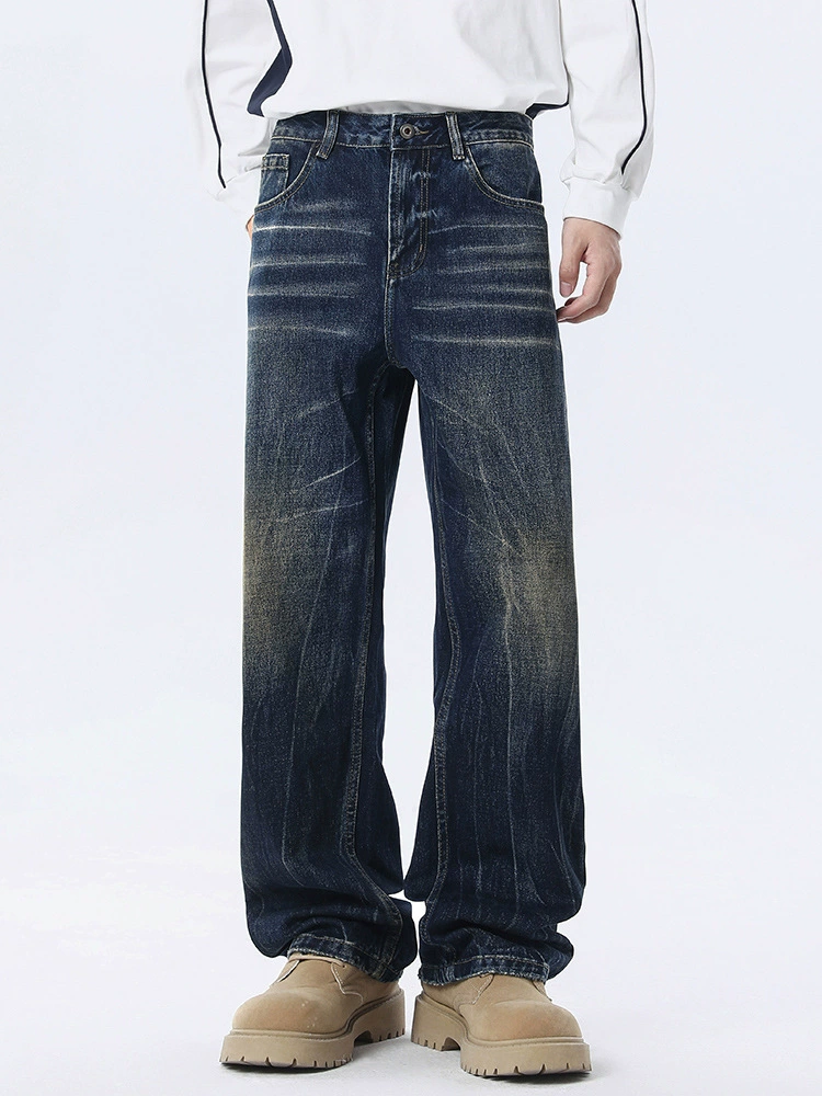 厂家直销男士水洗宽松牛仔裤，复古直筒设计，春秋休闲，独特闪电纹刺绣