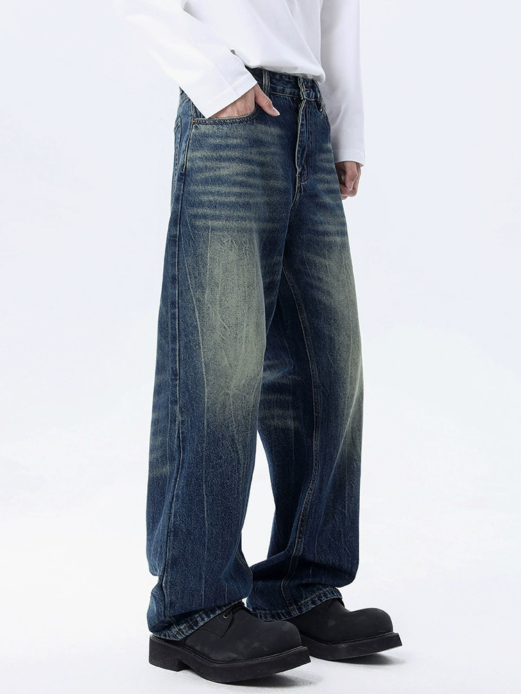 厂家直销男士修身水洗牛仔裤，初秋款经典蓝直筒设计，休闲风格，猫须工艺多口袋长裤