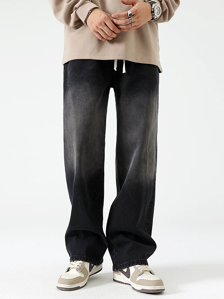 厂家直销男士宽松水洗直筒牛仔裤，春秋休闲风格，免烫处理撞色设计