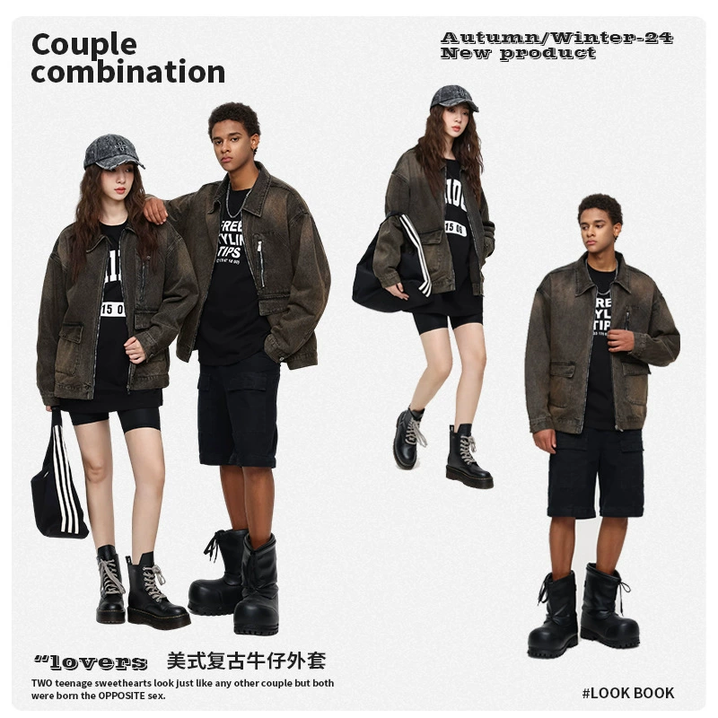 厂家直销男士宽松修身牛仔外套，春秋季美式复古风工装夹克，日常穿搭，免烫处理多口袋设计