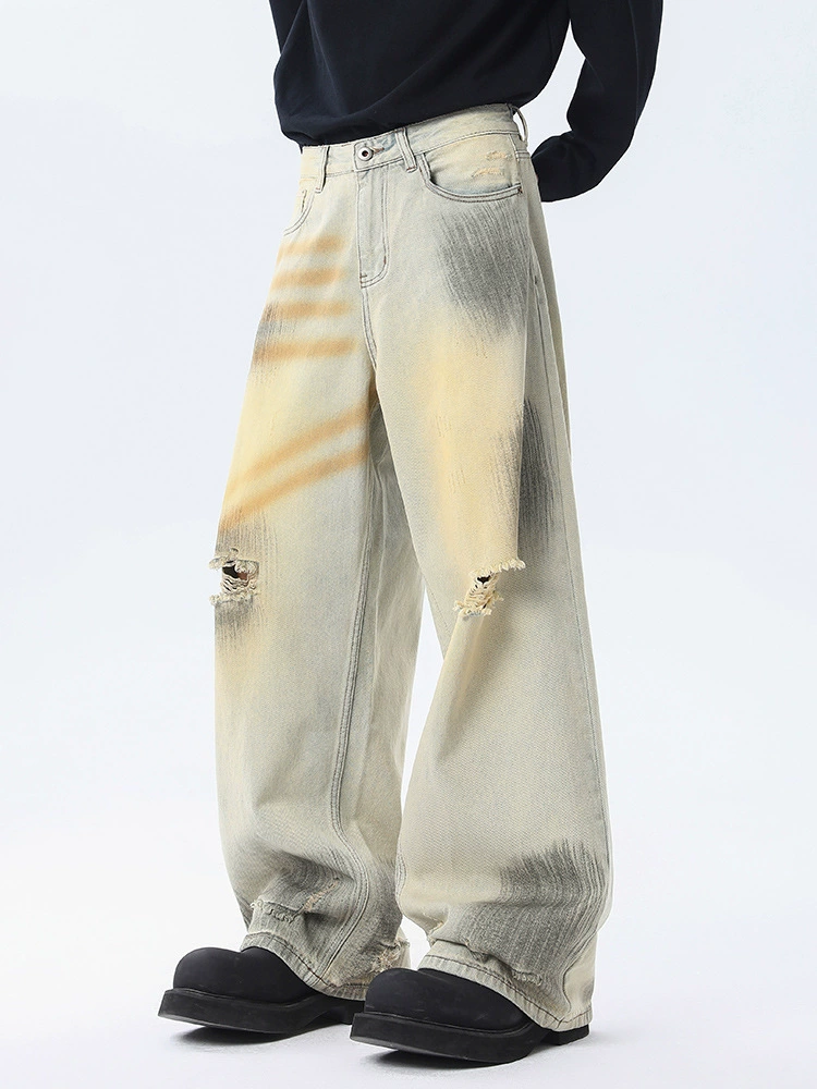 厂家直销男士宽松直筒牛仔裤，手绘涂鸦设计，春秋休闲，适合青少年穿着