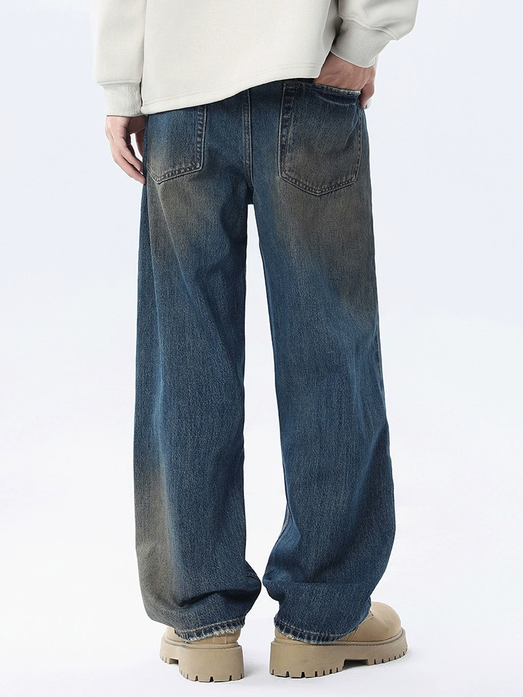厂家直销男士复古水洗牛仔裤，宽松直筒微阔腿，适合春秋日常穿搭，百搭修身设计